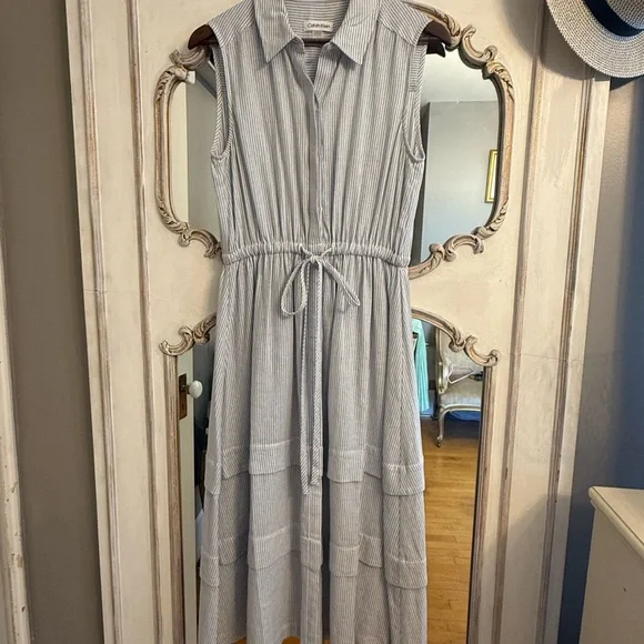 Calvin Klein Blue & White Striped Midi Dress Heavy Fabric Size US 8 Never  Worn!